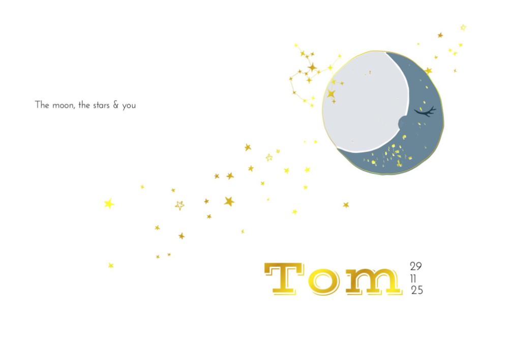 Goudfolie geboortekaartje sterrenbeeld en maantje | Tom
