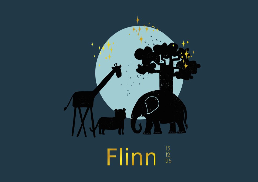 geboortekaartje silhouet met jungledieren in donkerblauw met goudfolie met olifant, giraffe, tijger, maan en boom