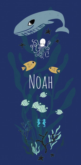 geboortekaartje donkerblauw met zeedieren walvis, vissen, octopus, zeewier en koraal